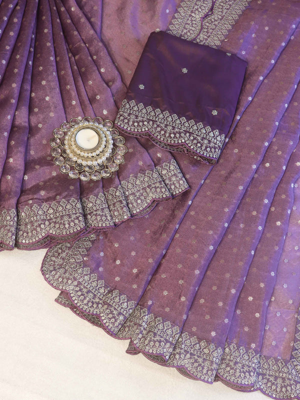 Banarasee Chiffon Saree With Zari Buti Design Handwork & Scallop Border-Light Purple
