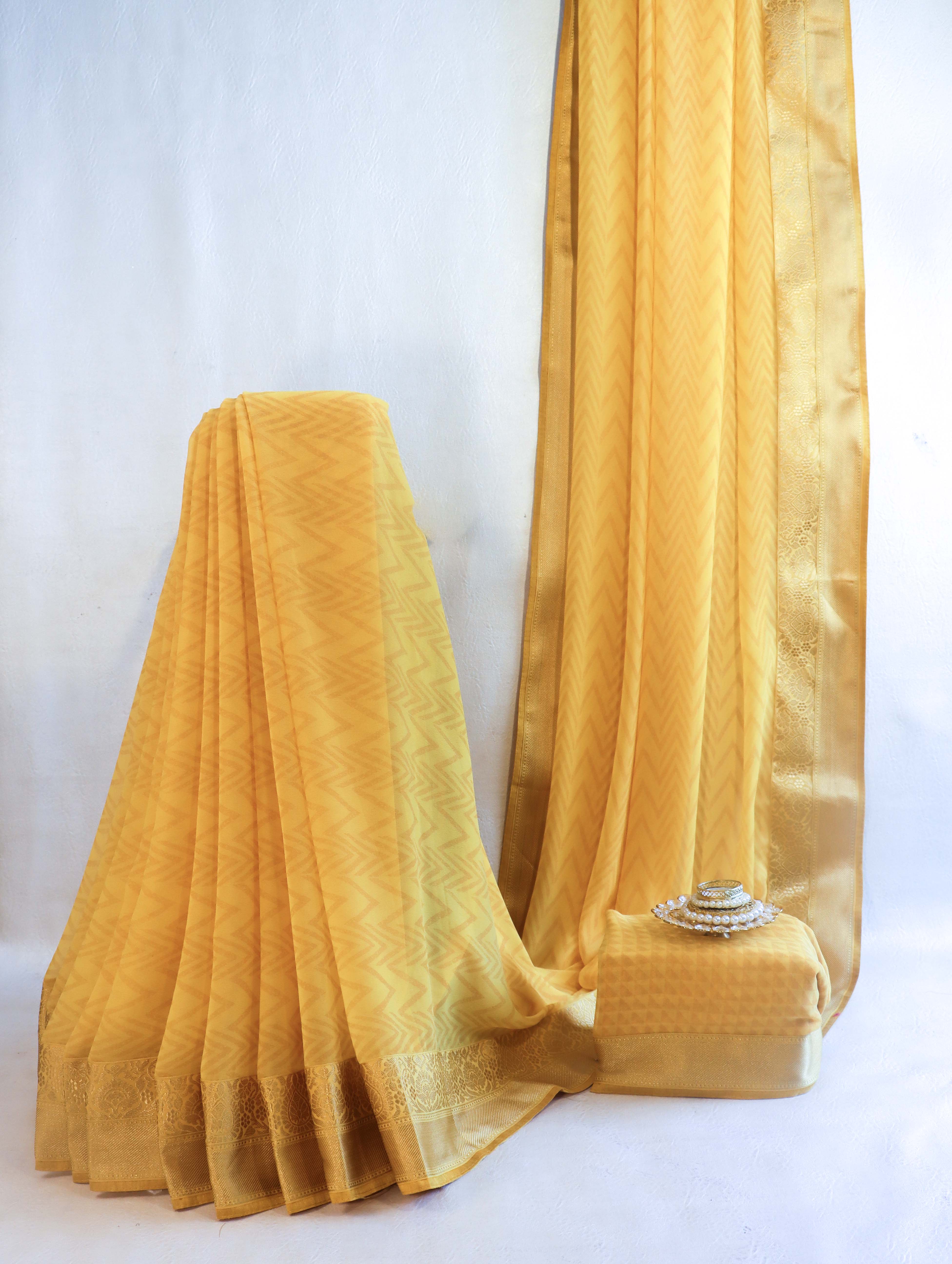 Banarasee Handloom Zigzag Print Chiffon Saree With Gold Zari Border-Light Yellow