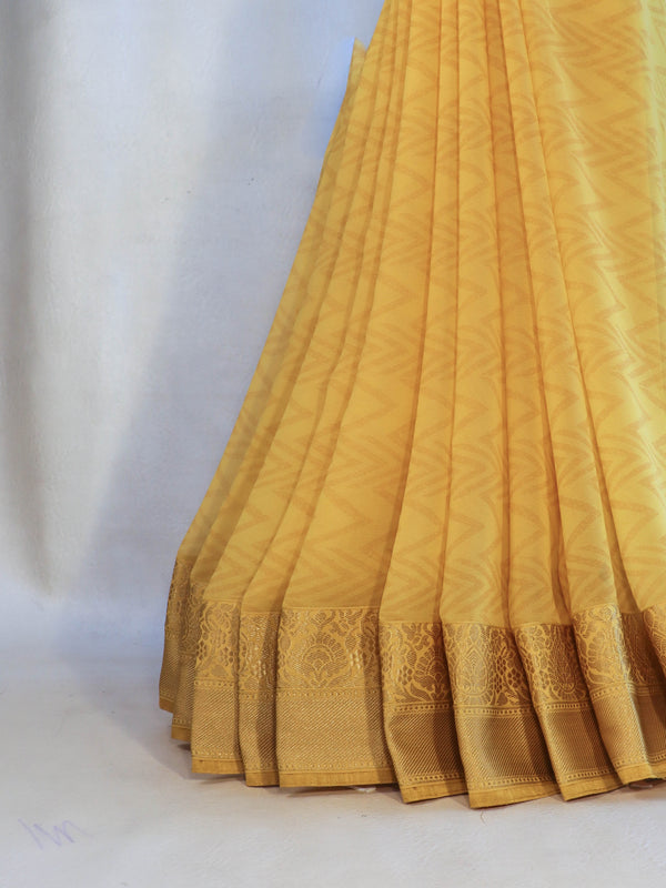 Banarasee Handloom Zigzag Print Chiffon Saree With Gold Zari Border-Light Yellow