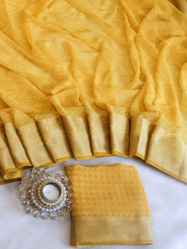 Banarasee Handloom Zigzag Print Chiffon Saree With Gold Zari Border-Light Yellow