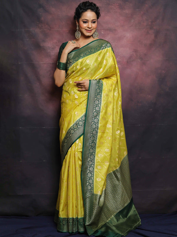 Banarasee Handwoven Semi-Silk Upadda Saree With Zari Floral Work-Yellow & Green