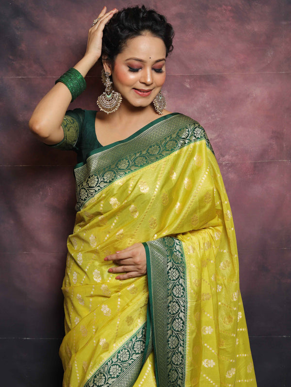Banarasee Handwoven Semi-Silk Upadda Saree With Zari Floral Work-Yellow & Green