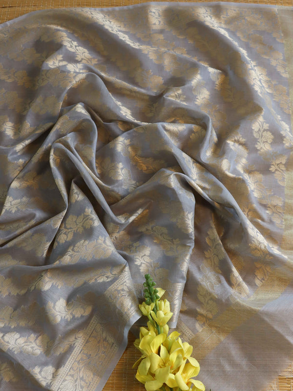 Banarasee Cotton Silk Gold Zari Dupatta-Grey
