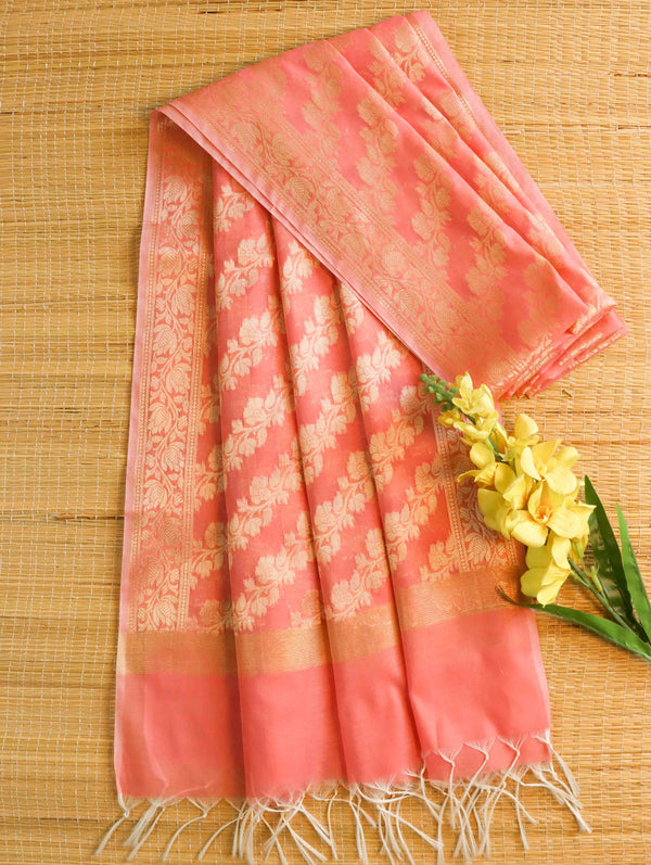 Banarasee Cotton Silk Gold Zari Dupatta-Pink