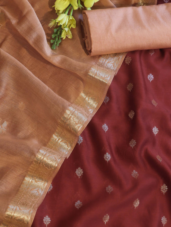 Banarasee Handloom Pure Silk Zari Buti Salwar Kameez Fabric With Dupatta-Maroon & Peach