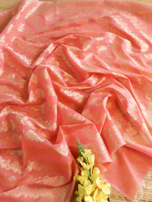 Banarasee Cotton Silk Gold Zari Dupatta-Pink