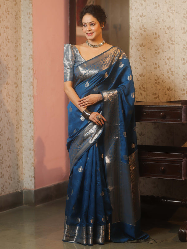 Banarasee Handwoven Silk Cotton Saree With Zari Buti & Border-Azure Blue