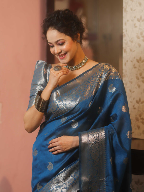 Banarasee Handwoven Silk Cotton Saree With Zari Buti & Border-Azure Blue