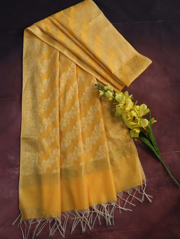 Banarasee Cotton Silk Gold Zari Dupatta-Yellow