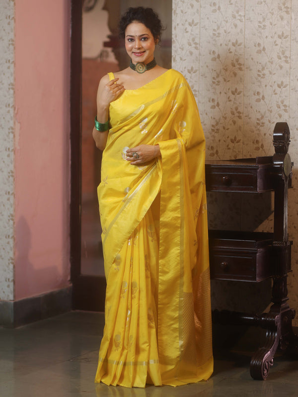 Banarasee Handwoven Semi Silk Saree With Sona Rupa Zari Buti Design-Yellow