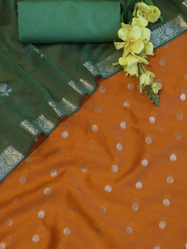Banarasee Handloom Pure Silk Zari Buti Salwar Kameez Fabric With Dupatta-Orange & Green