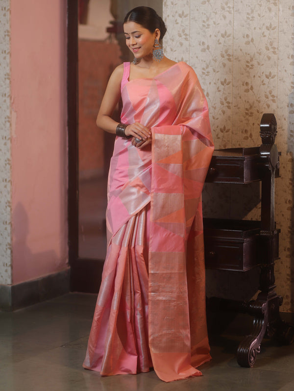 Banarasee Handwoven Semi Silk Saree With Zari Design-Pink & Peach