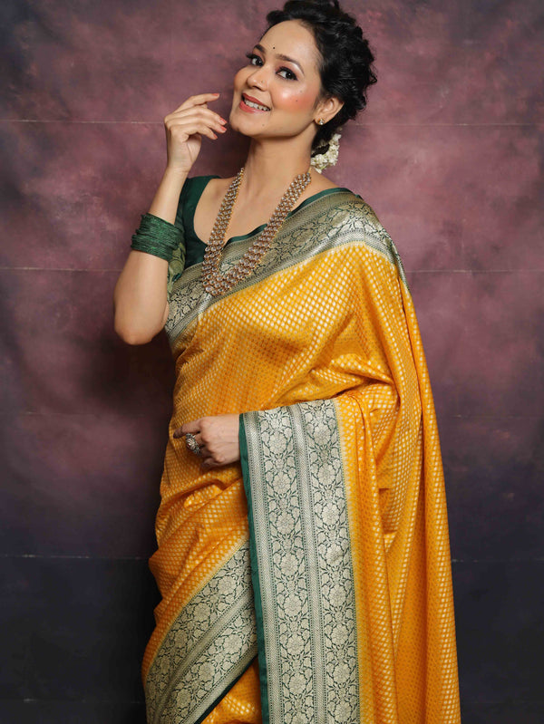 Banarasee Semi-Katan Zari Buta & Contrast Border Saree-Yellow & Green