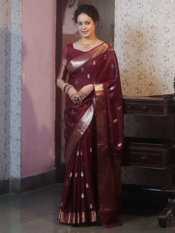 Banarasee Handwoven Semi Silk Saree With Zari Border-Maroon
