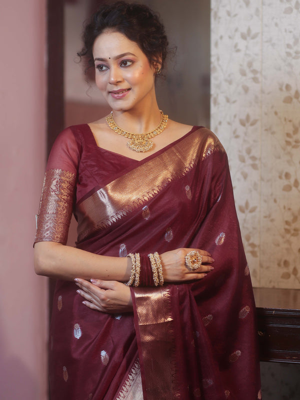 Banarasee Handwoven Semi Silk Saree With Zari Border-Maroon