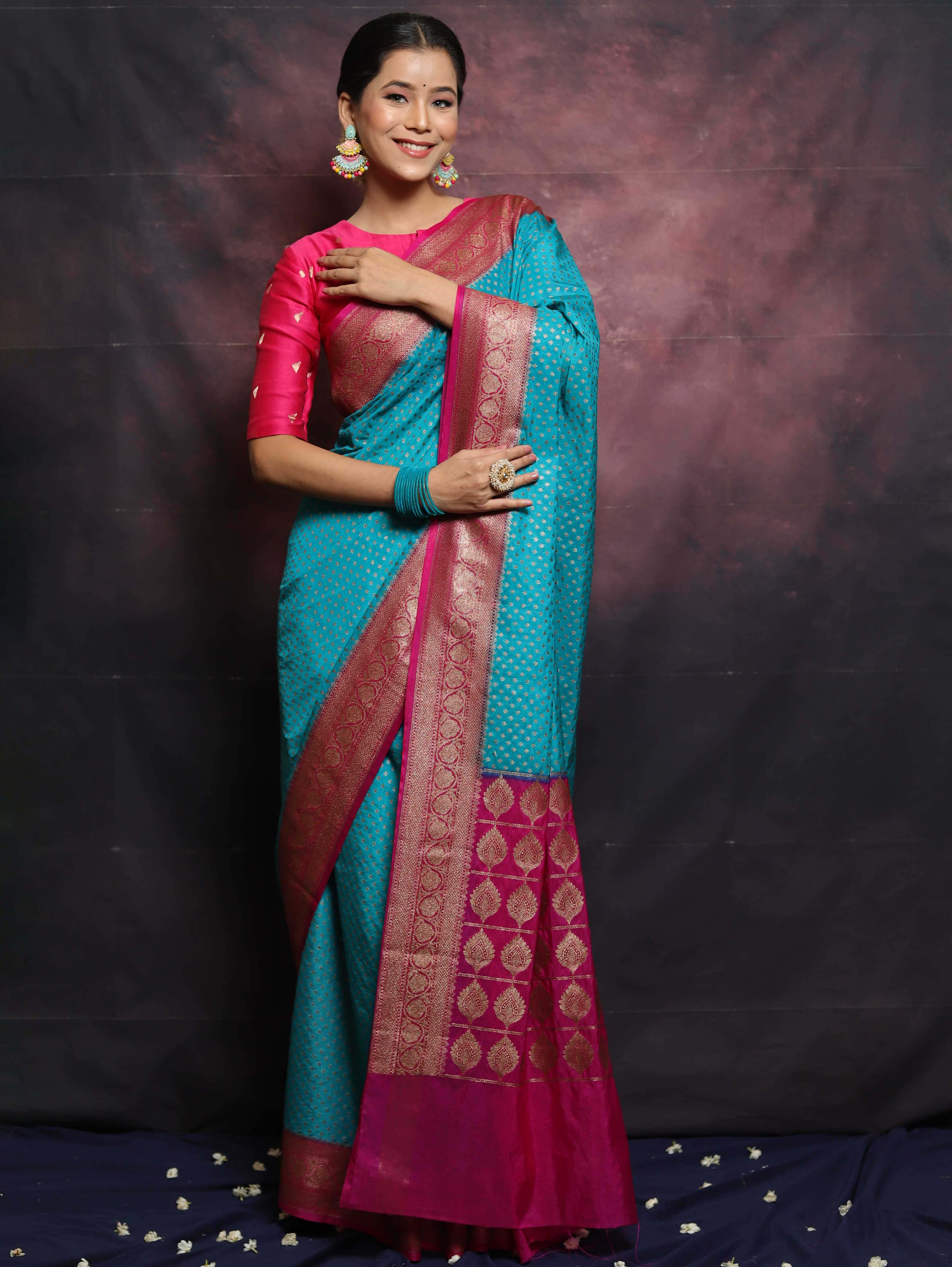 Banarasee Semi-Chiffon Antique Zari Saree Contrast Border Saree-Blue & Pink