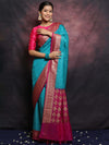 Banarasee Semi-Chiffon Antique Zari Saree Contrast Border Saree-Blue & Pink