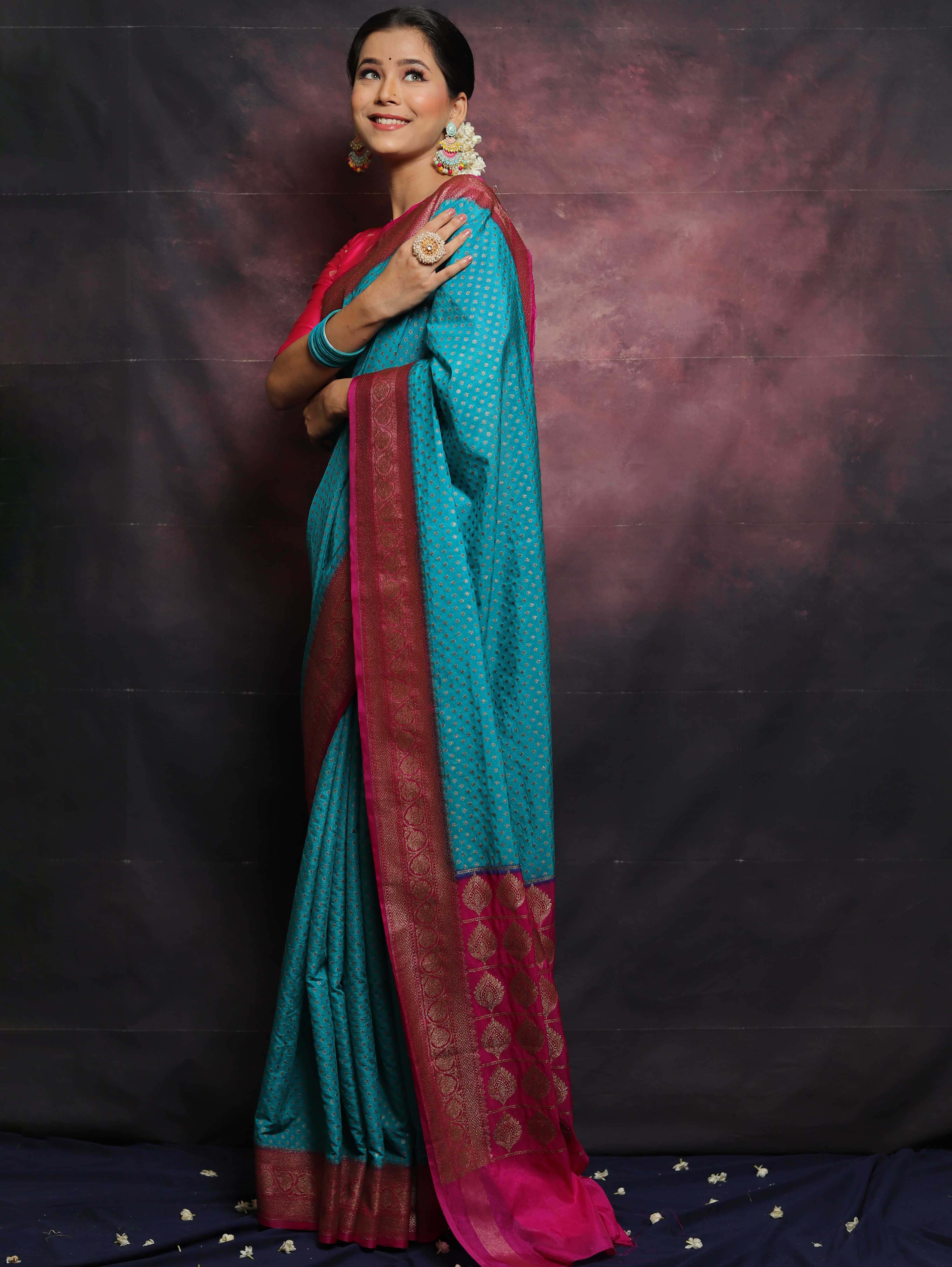 Banarasee Semi-Chiffon Antique Zari Saree Contrast Border Saree-Blue & Pink