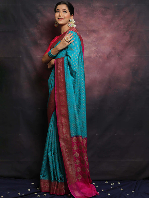 Banarasee Semi-Chiffon Antique Zari Saree Contrast Border Saree-Blue & Pink