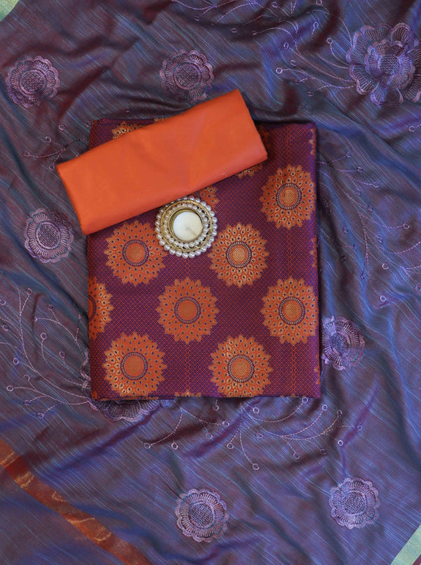 Banarasee Art Silk Salwar Kameez Fabric With Contrast Semi Silk Dupatta Set-Orange & Violet
