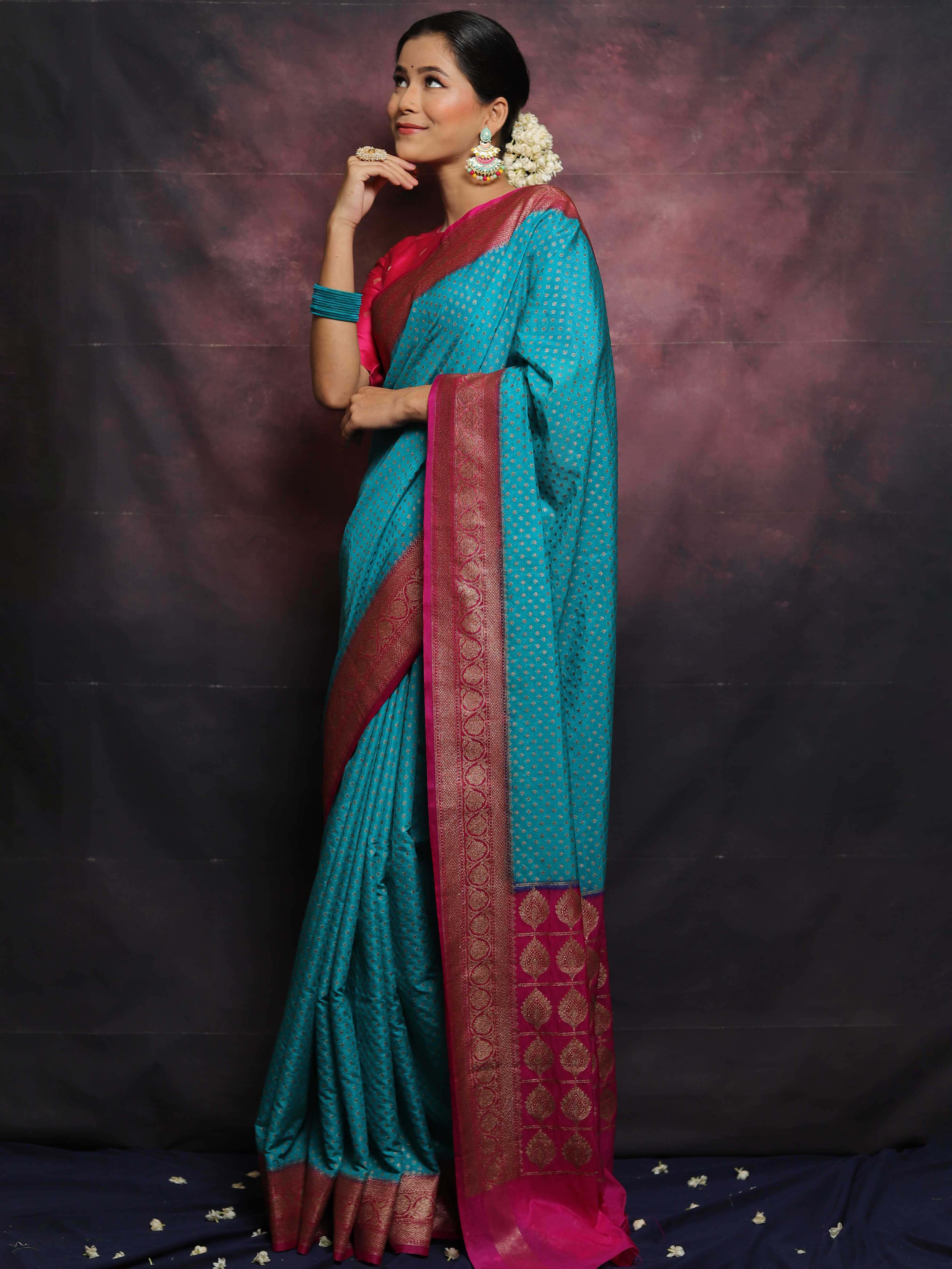 Banarasee Semi-Chiffon Antique Zari Saree Contrast Border Saree-Blue & Pink