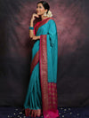 Banarasee Semi-Chiffon Antique Zari Saree Contrast Border Saree-Blue & Pink