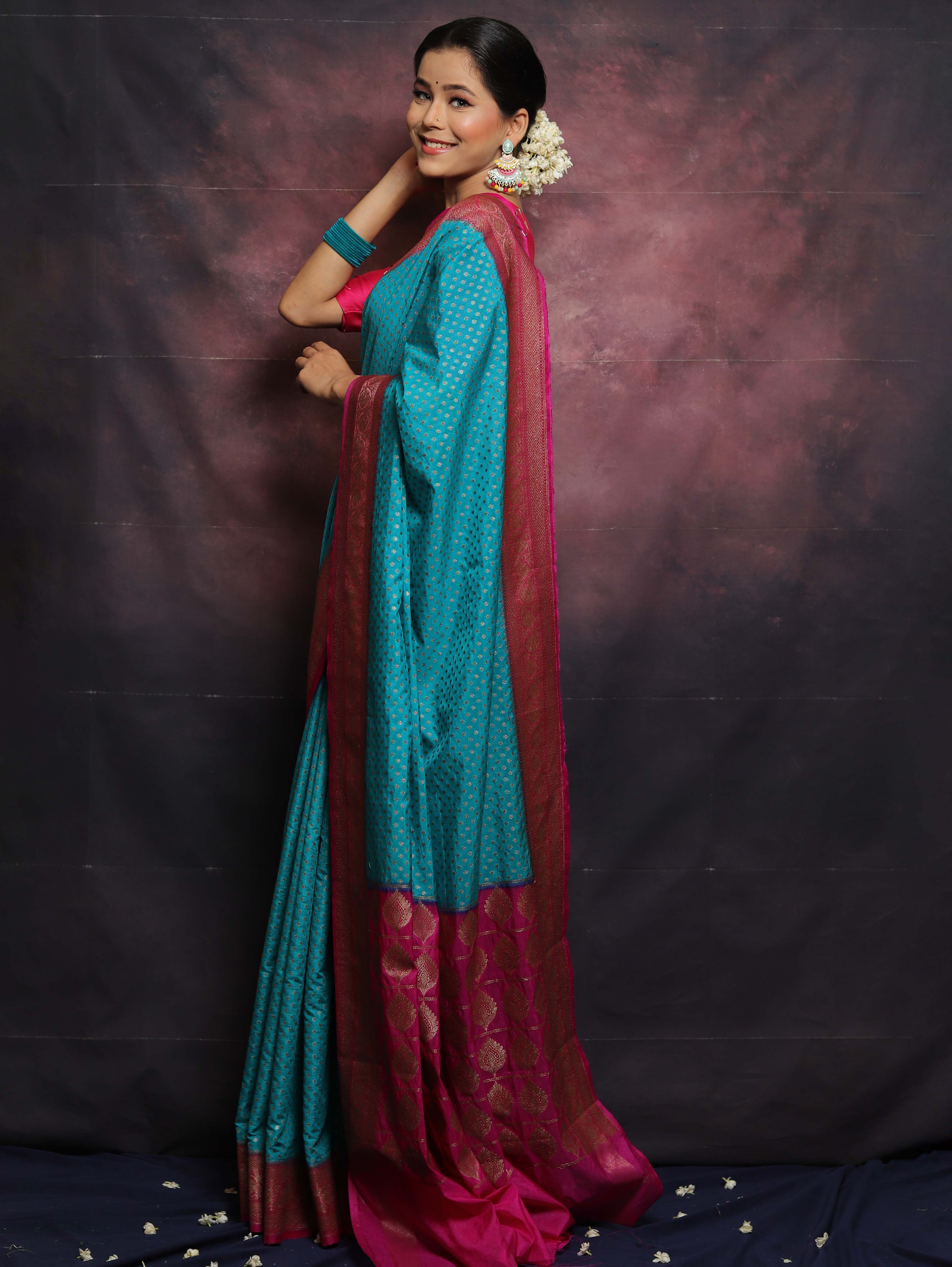 Banarasee Semi-Chiffon Antique Zari Saree Contrast Border Saree-Blue & Pink