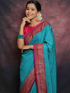 Banarasee Semi-Chiffon Antique Zari Saree Contrast Border Saree-Blue & Pink