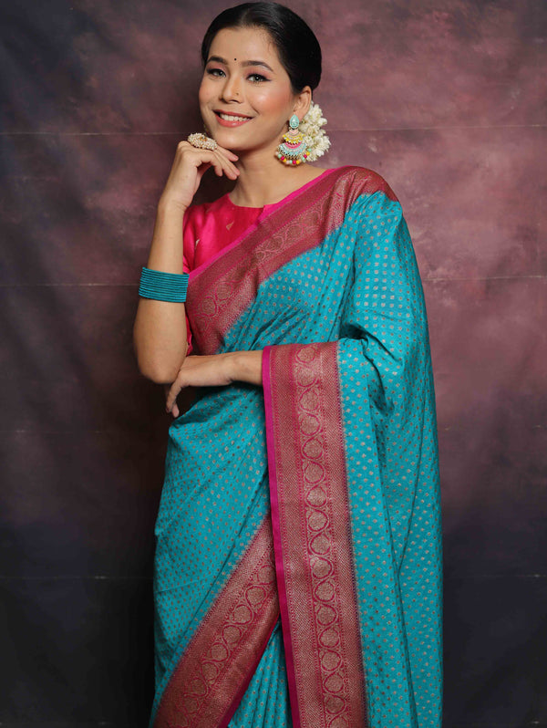 Banarasee Semi-Chiffon Antique Zari Saree Contrast Border Saree-Blue & Pink