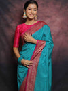 Banarasee Semi-Chiffon Antique Zari Saree Contrast Border Saree-Blue & Pink