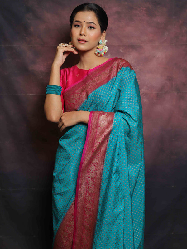 Banarasee Semi-Chiffon Antique Zari Saree Contrast Border Saree-Blue & Pink