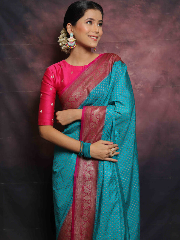 Banarasee Semi-Chiffon Antique Zari Saree Contrast Border Saree-Blue & Pink