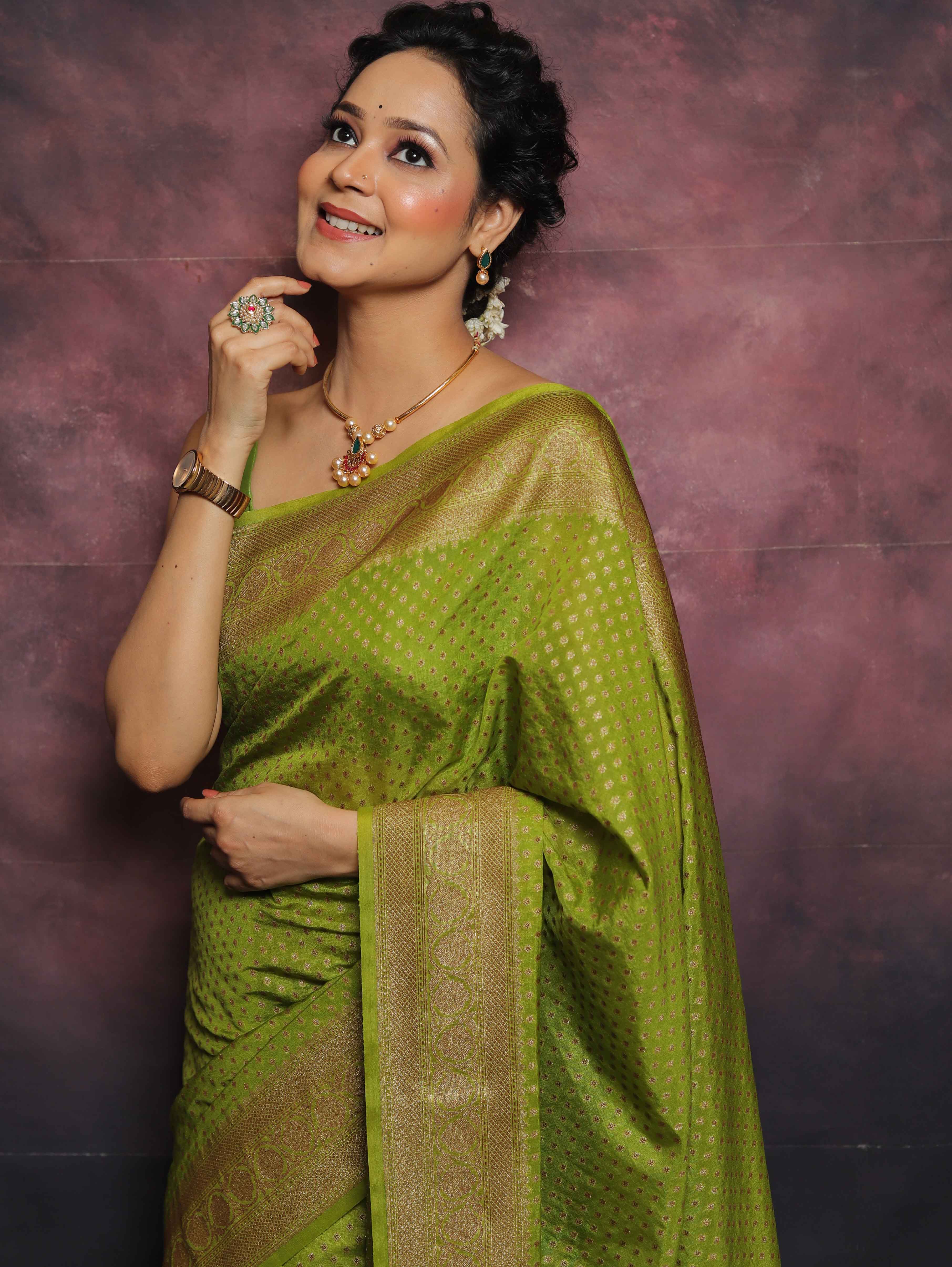 Banarasee Semi-Chiffon Antique Zari Saree-Henna Green