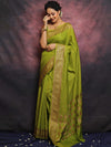 Banarasee Semi-Chiffon Antique Zari Saree-Henna Green