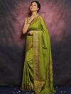 Banarasee Semi-Chiffon Antique Zari Saree-Henna Green