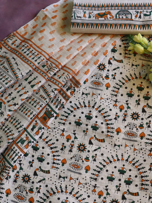 Handloom Printed Khadi Cotton Salwar Kameez Dupatta Set-Beige