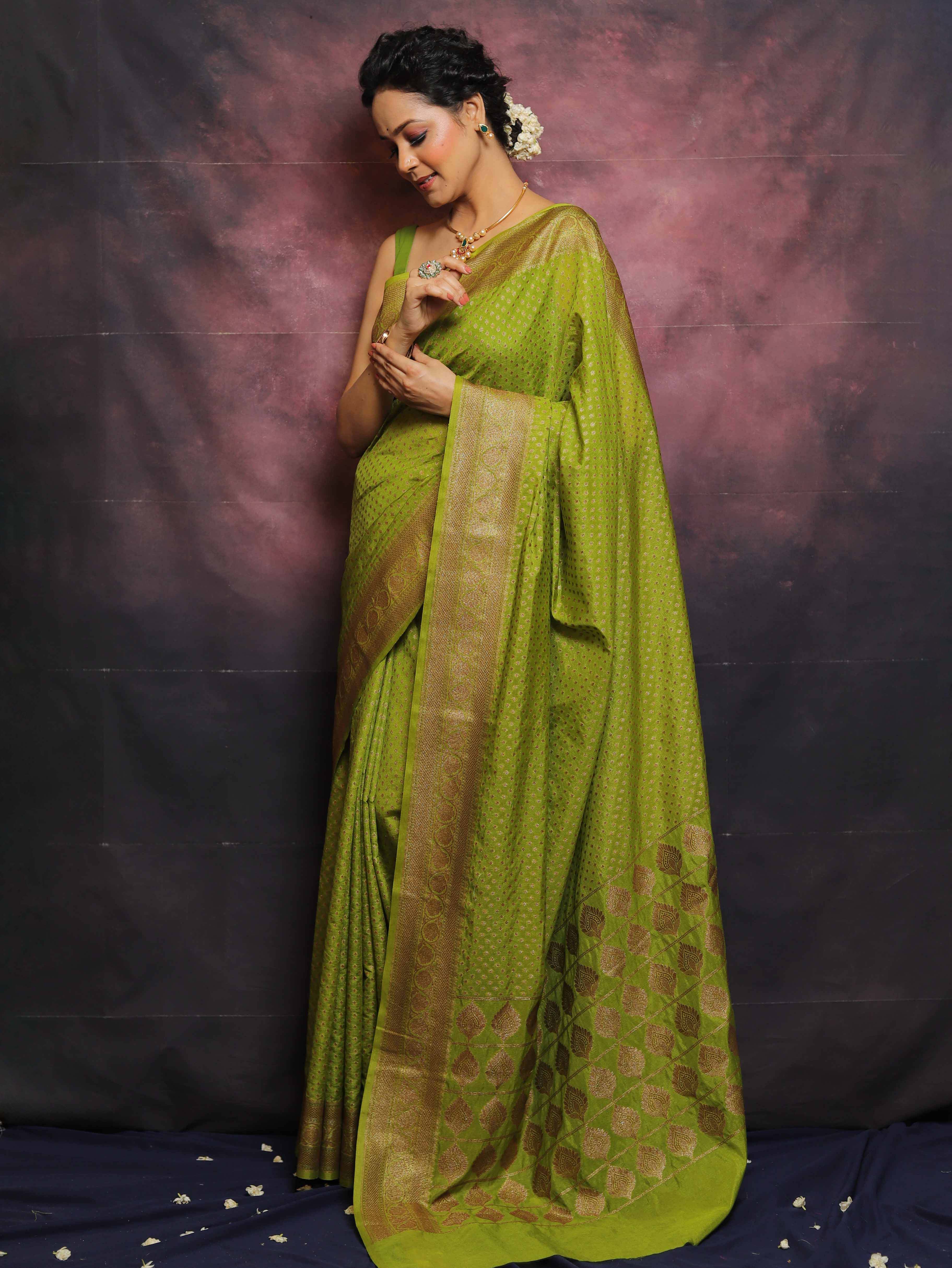 Banarasee Semi-Chiffon Antique Zari Saree-Henna Green