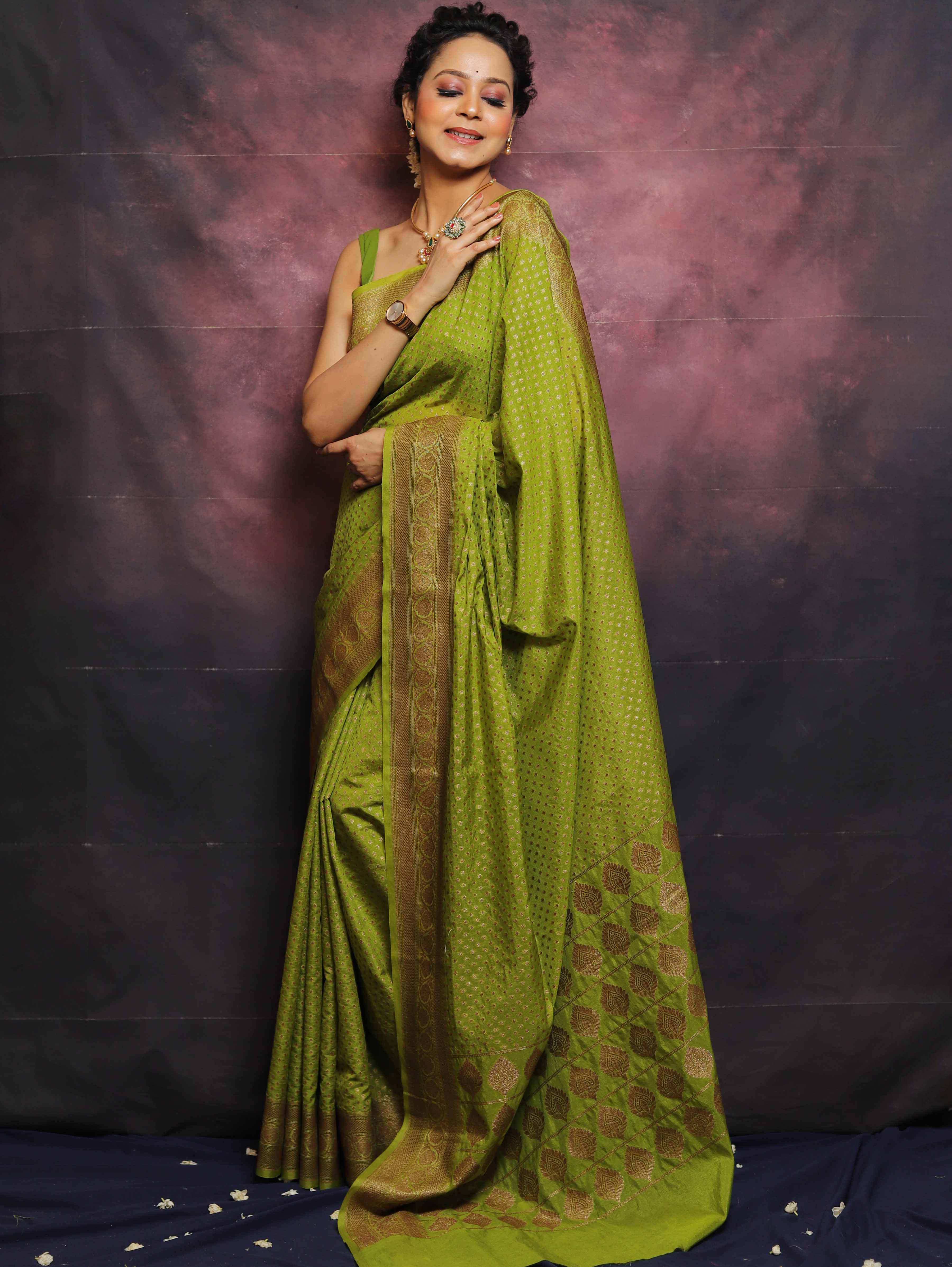 Banarasee Semi-Chiffon Antique Zari Saree-Henna Green