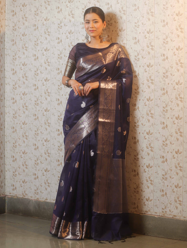 Banarasee Handwoven Silk Cotton Saree With Zari Buti & Border-Deep Blue