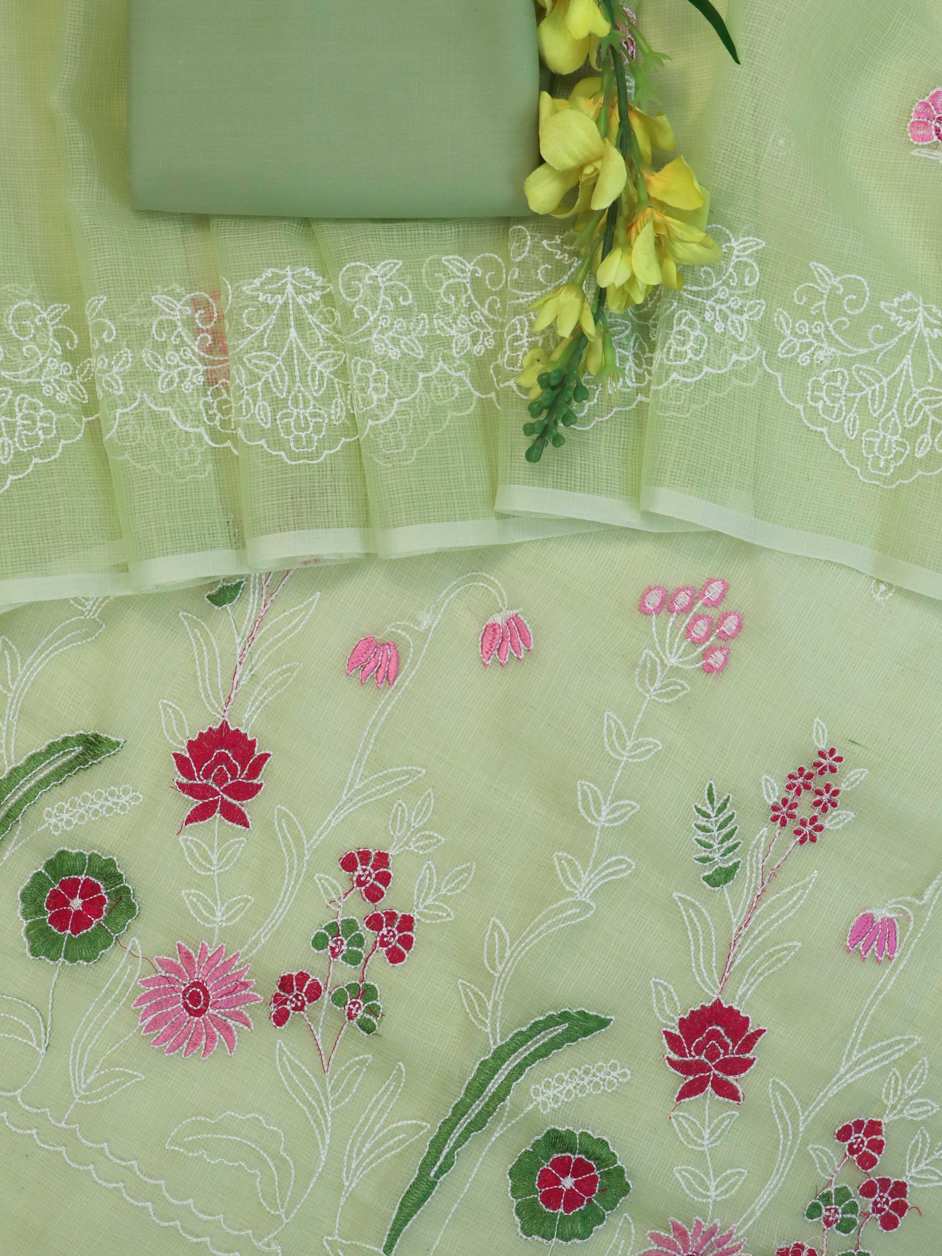 Banarasee Kota Doria Hand Embroidered Salwar Kameez Dupatta Set-Light Green