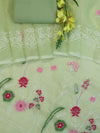 Banarasee Kota Doria Hand Embroidered Salwar Kameez Dupatta Set-Light Green