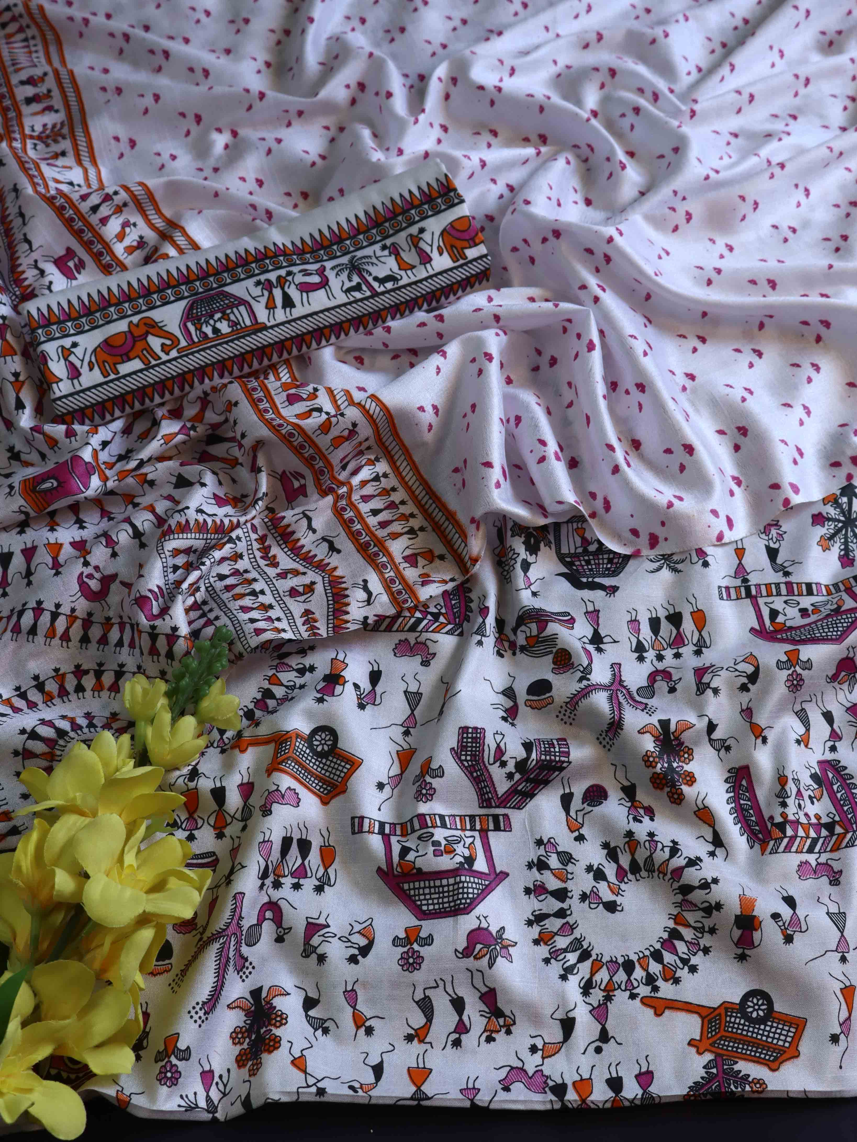 Handloom Printed Khadi Cotton Salwar Kameez Dupatta Set-White