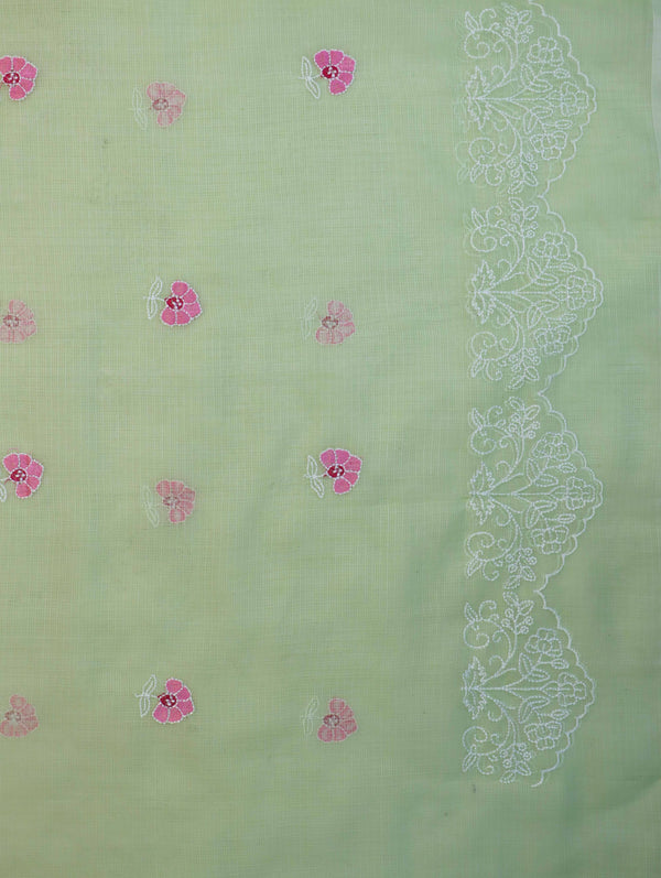 Banarasee Kota Doria Hand Embroidered Salwar Kameez Dupatta Set-Light Green