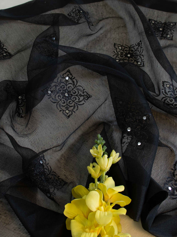 Banarasee Cotton Silk Kota Check Embroidered Buta & Mirror Work Dupatta-Black
