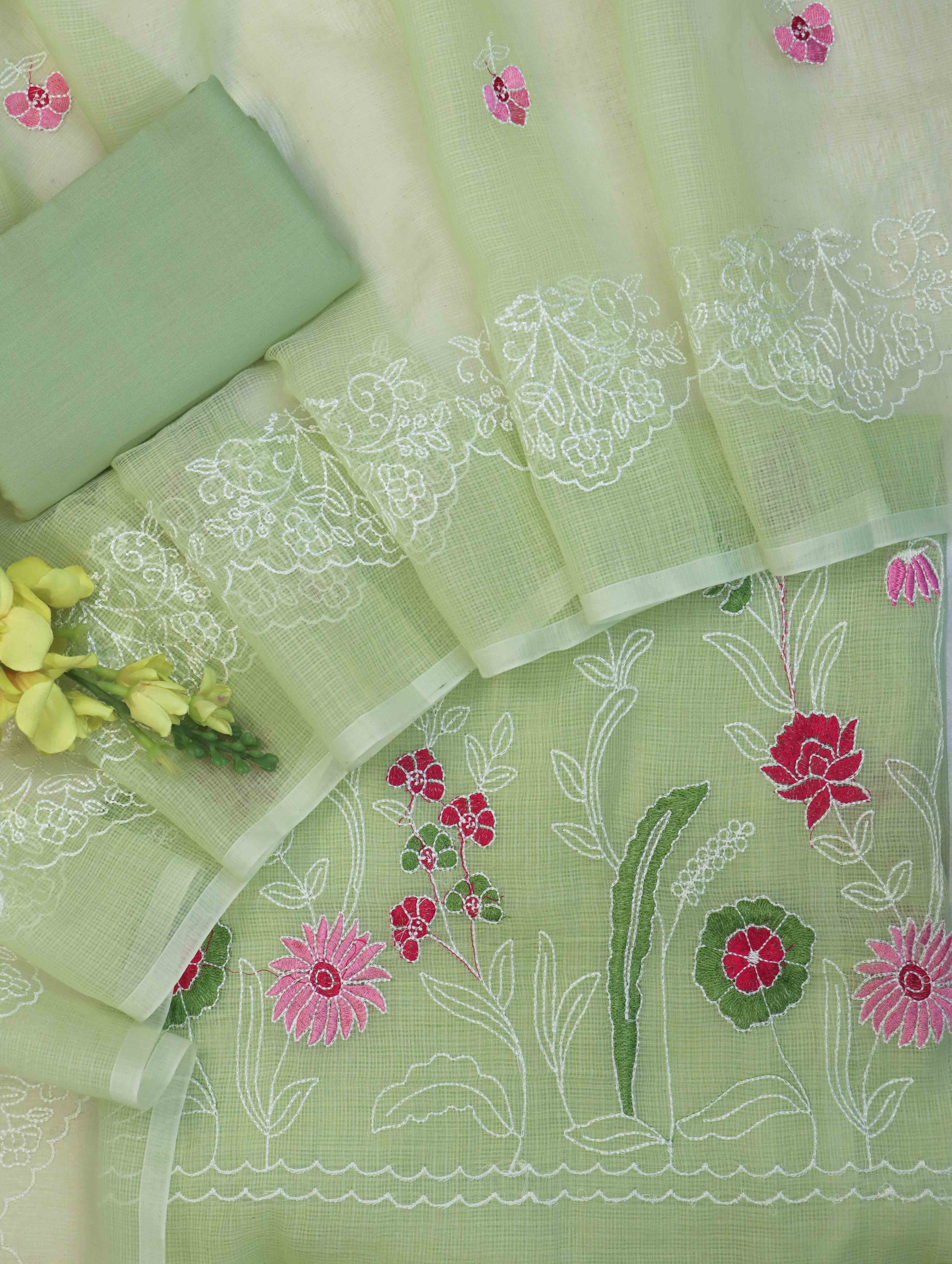 Banarasee Kota Doria Hand Embroidered Salwar Kameez Dupatta Set-Light Green