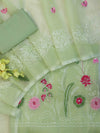Banarasee Kota Doria Hand Embroidered Salwar Kameez Dupatta Set-Light Green