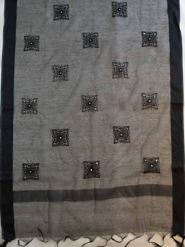 Banarasee Cotton Silk Kota Check Embroidered Buta & Mirror Work Dupatta-Black
