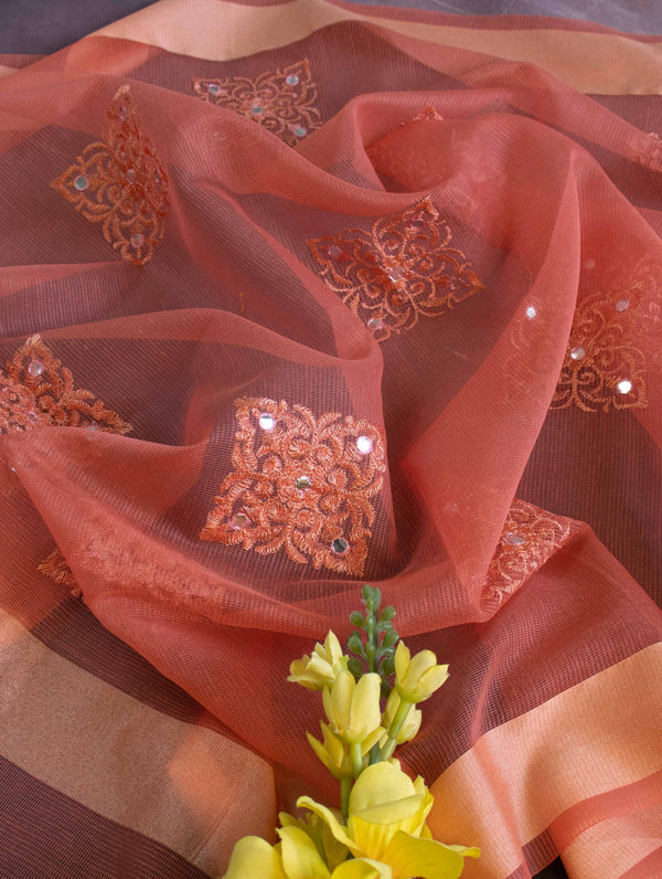 Banarasee Cotton Silk Kota Check Embroidered Buta & Mirror Work Dupatta-Peach