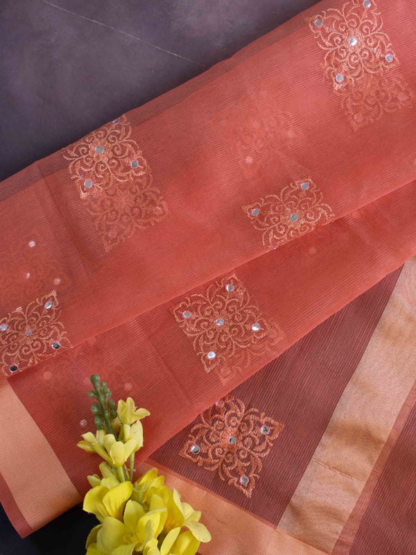 Banarasee Cotton Silk Kota Check Embroidered Buta & Mirror Work Dupatta-Peach