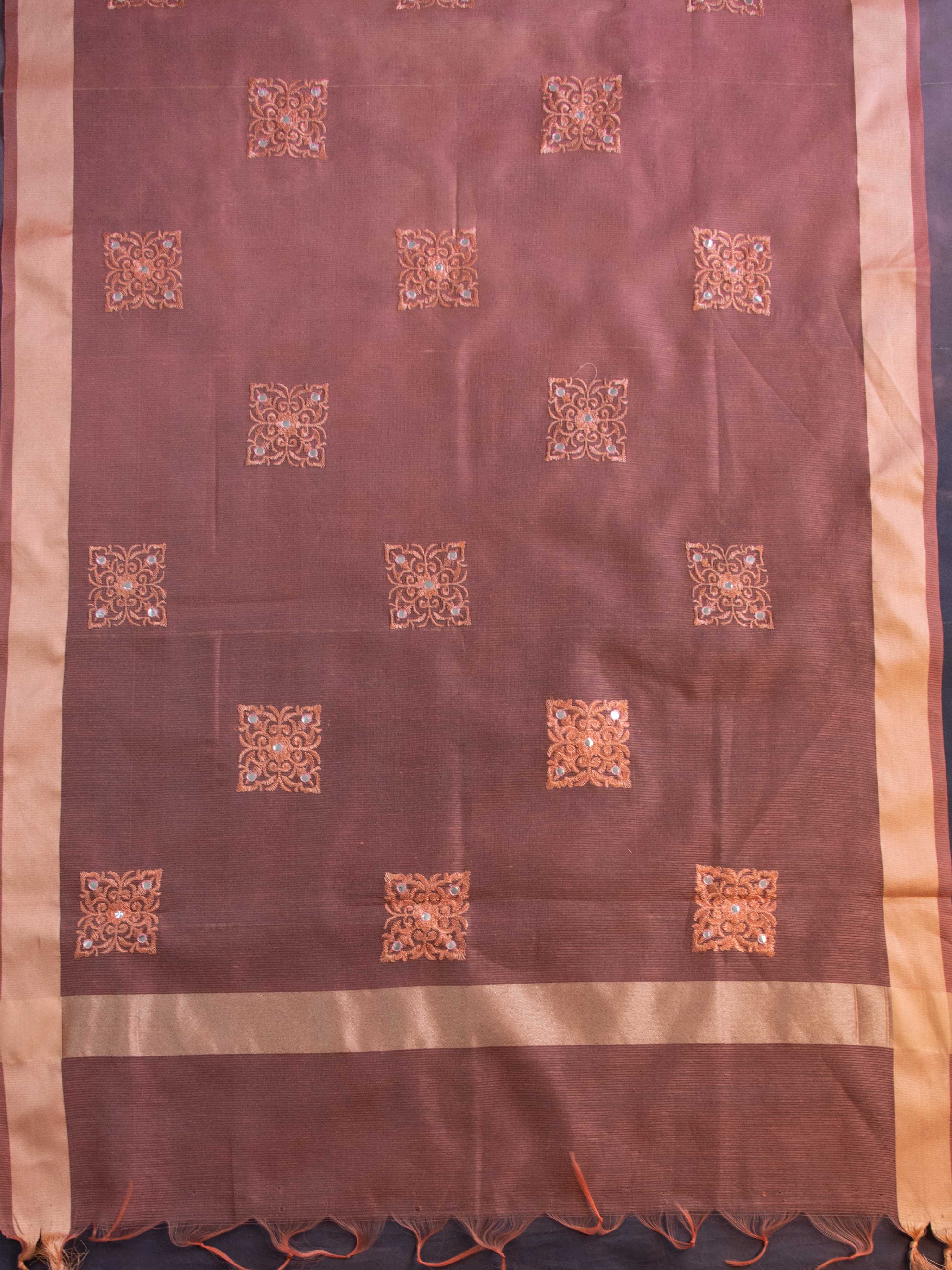 Banarasee Cotton Silk Kota Check Embroidered Buta & Mirror Work Dupatta-Peach